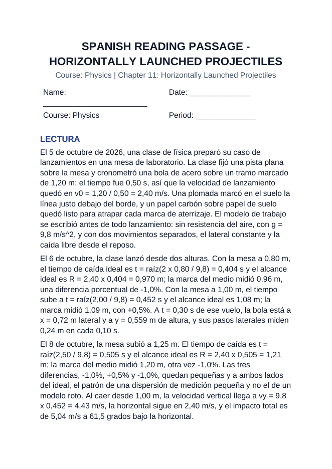 Horizontally Launched Projectiles Spanish Reading Passage & Comprehension Questions sample page