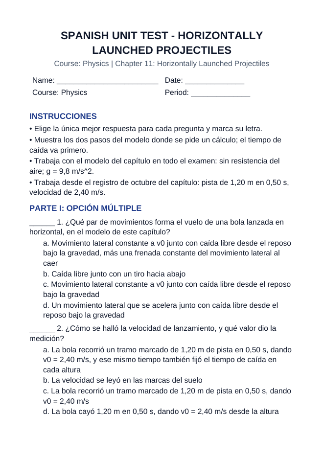 Horizontally Launched Projectiles Spanish Unit Test sample page