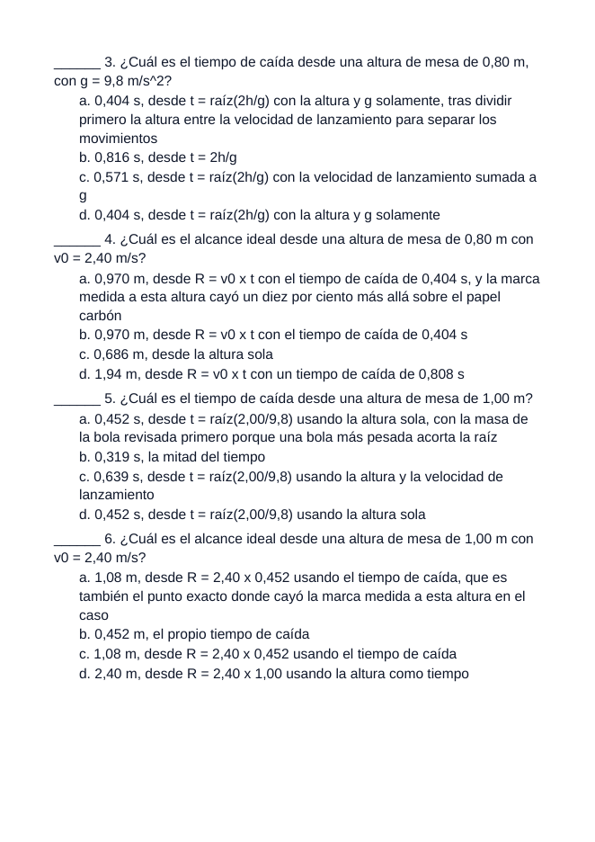 Horizontally Launched Projectiles Spanish Unit Test sample page