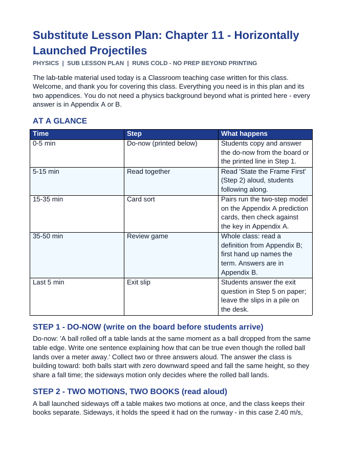 Horizontally Launched Projectiles Substitute Lesson Plan sample page
