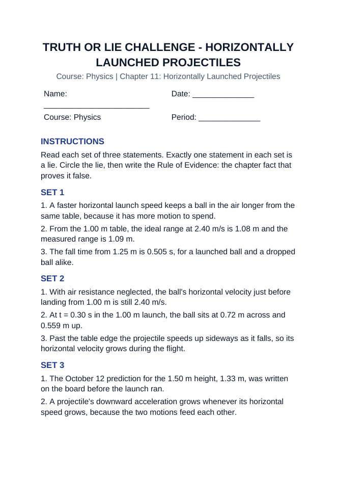 Horizontally Launched Projectiles Truth or Lie Challenge sample page