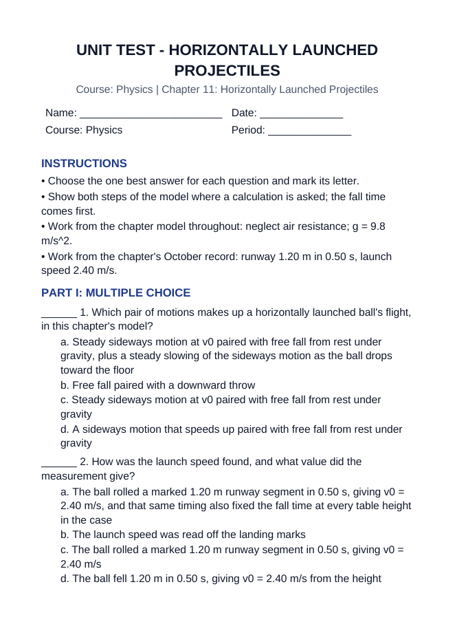 Horizontally Launched Projectiles Unit Test sample page
