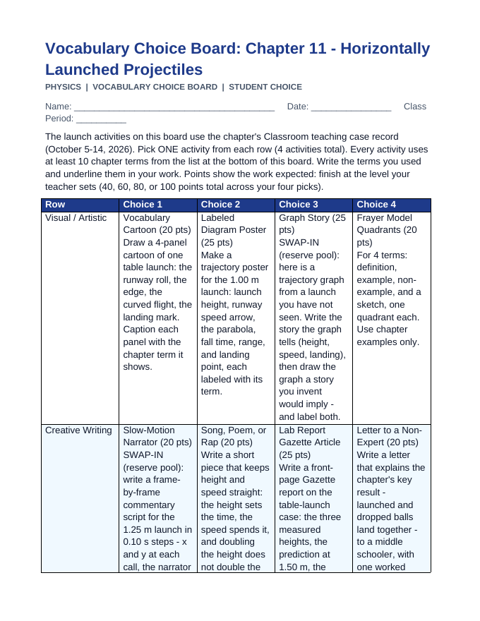 Horizontally Launched Projectiles Vocabulary Choice Board sample page
