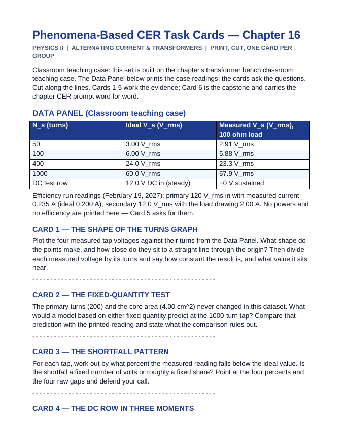 Alternating Current & Transformers CER Task Cards sample page