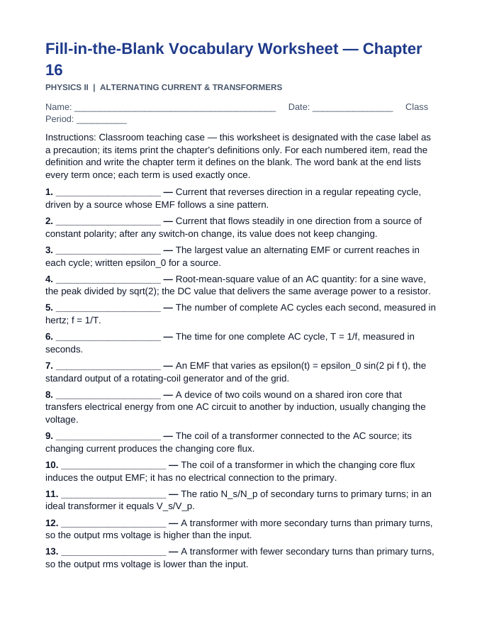 Alternating Current & Transformers Fill-in-the-Blank Vocabulary Worksheet sample page