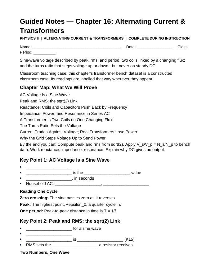 Alternating Current & Transformers Guided Notes sample page
