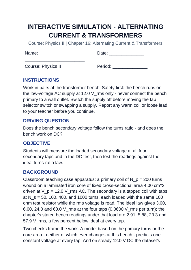 Alternating Current & Transformers Interactive Simulation sample page