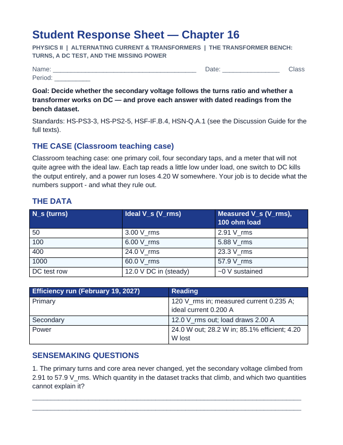 Alternating Current & Transformers Phenomena-Based Lesson: The Transformer Bench: Turns, a DC Test, and the Missing Power Student Response Sheet sample page
