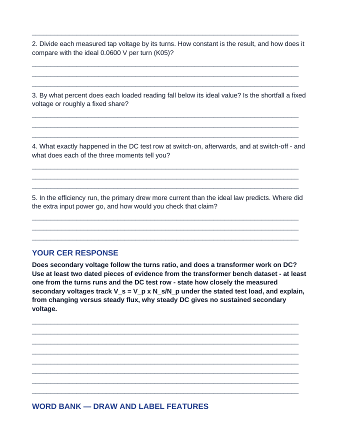 Alternating Current & Transformers Phenomena-Based Lesson: The Transformer Bench: Turns, a DC Test, and the Missing Power Student Response Sheet sample page