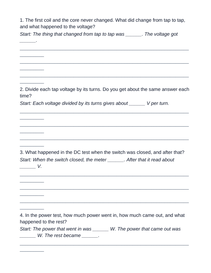 Alternating Current & Transformers Scaffolded Phenomena-Based Lesson: The Transformer Bench: More Turns, More Volts - But Not on DC Student Response Sheet sample page
