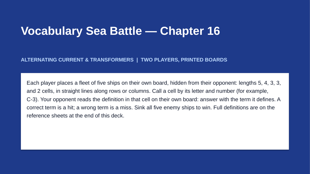 Alternating Current & Transformers Sea Battle Review Game sample page