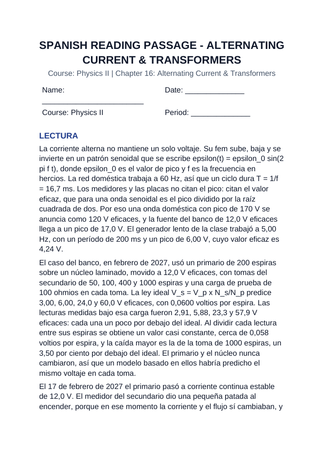 Alternating Current & Transformers Spanish Reading Passage & Comprehension Questions sample page