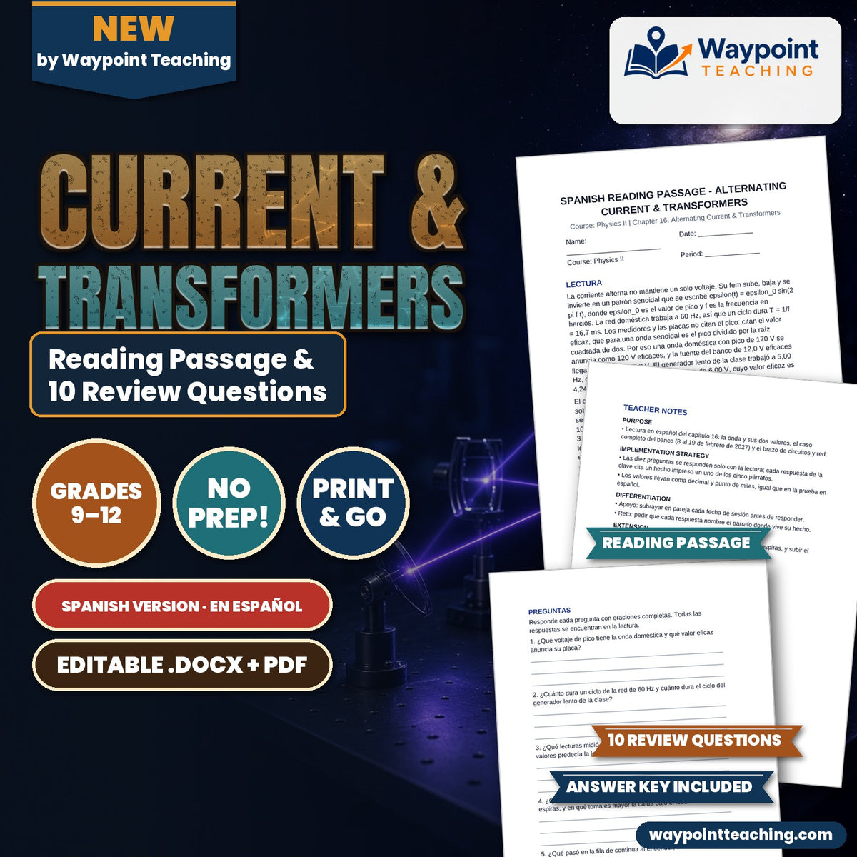 Alternating Current & Transformers Spanish Reading Passage & Comprehension Questions cover