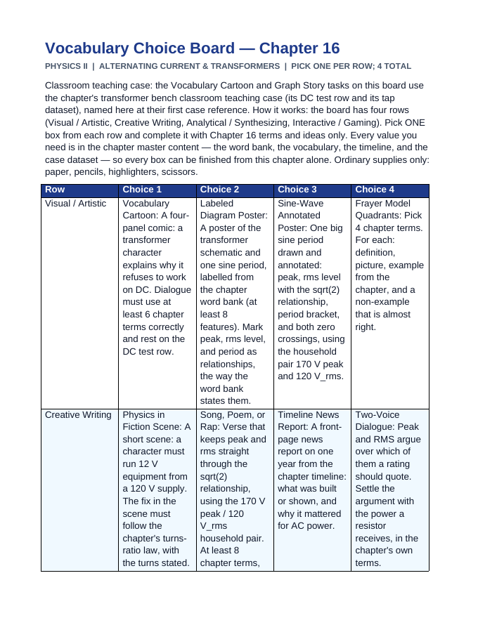 Alternating Current & Transformers Vocabulary Choice Board sample page