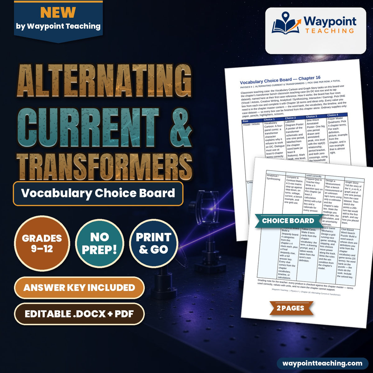Alternating Current & Transformers Vocabulary Choice Board cover