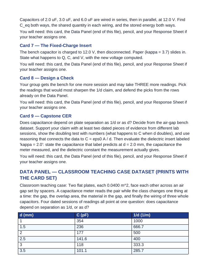 Capacitance & Dielectrics CER Task Cards sample page