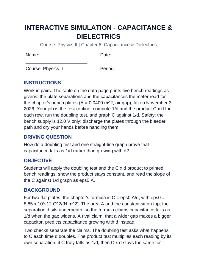 Capacitance & Dielectrics Interactive Simulation sample page