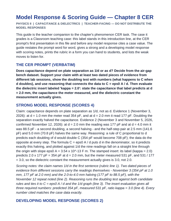 Capacitance & Dielectrics Model Response & Scoring Guide sample page