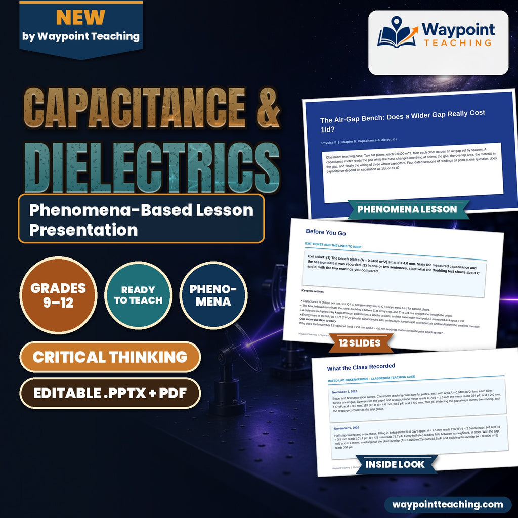 Capacitance & Dielectrics Phenomena-Based Lesson: The Air-Gap Bench: Does a Wider Gap Really Cost 1/d? Presentation cover