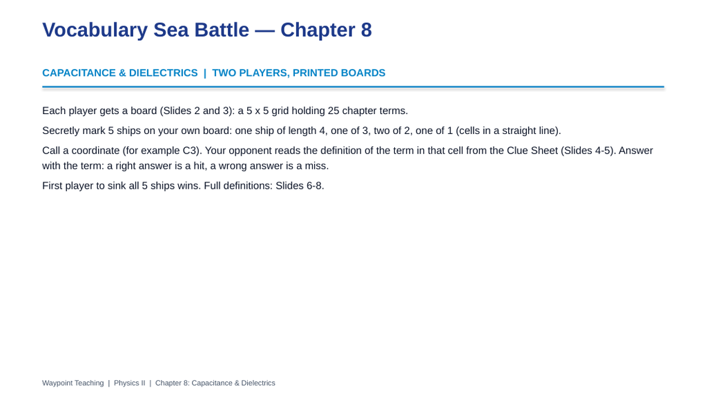 Capacitance & Dielectrics Sea Battle Review Game sample page