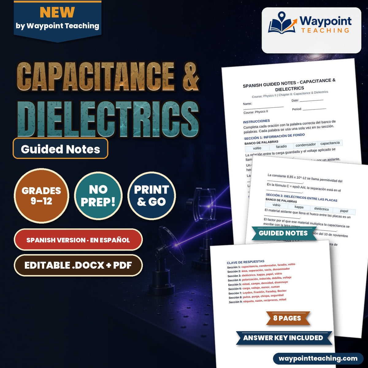 Capacitance & Dielectrics Spanish Guided Notes cover