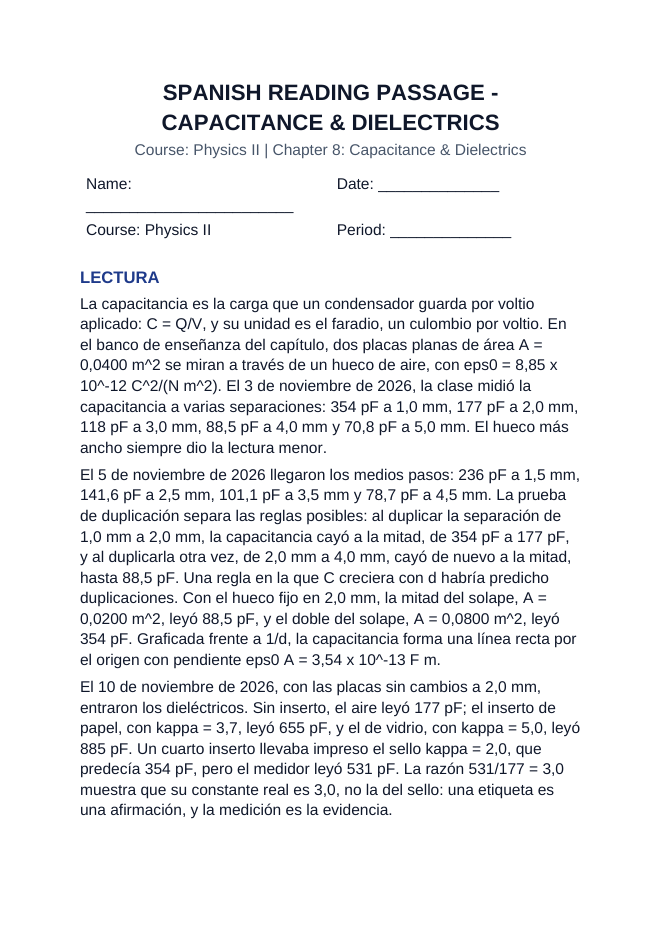 Capacitance & Dielectrics Spanish Reading Passage & Comprehension Questions sample page