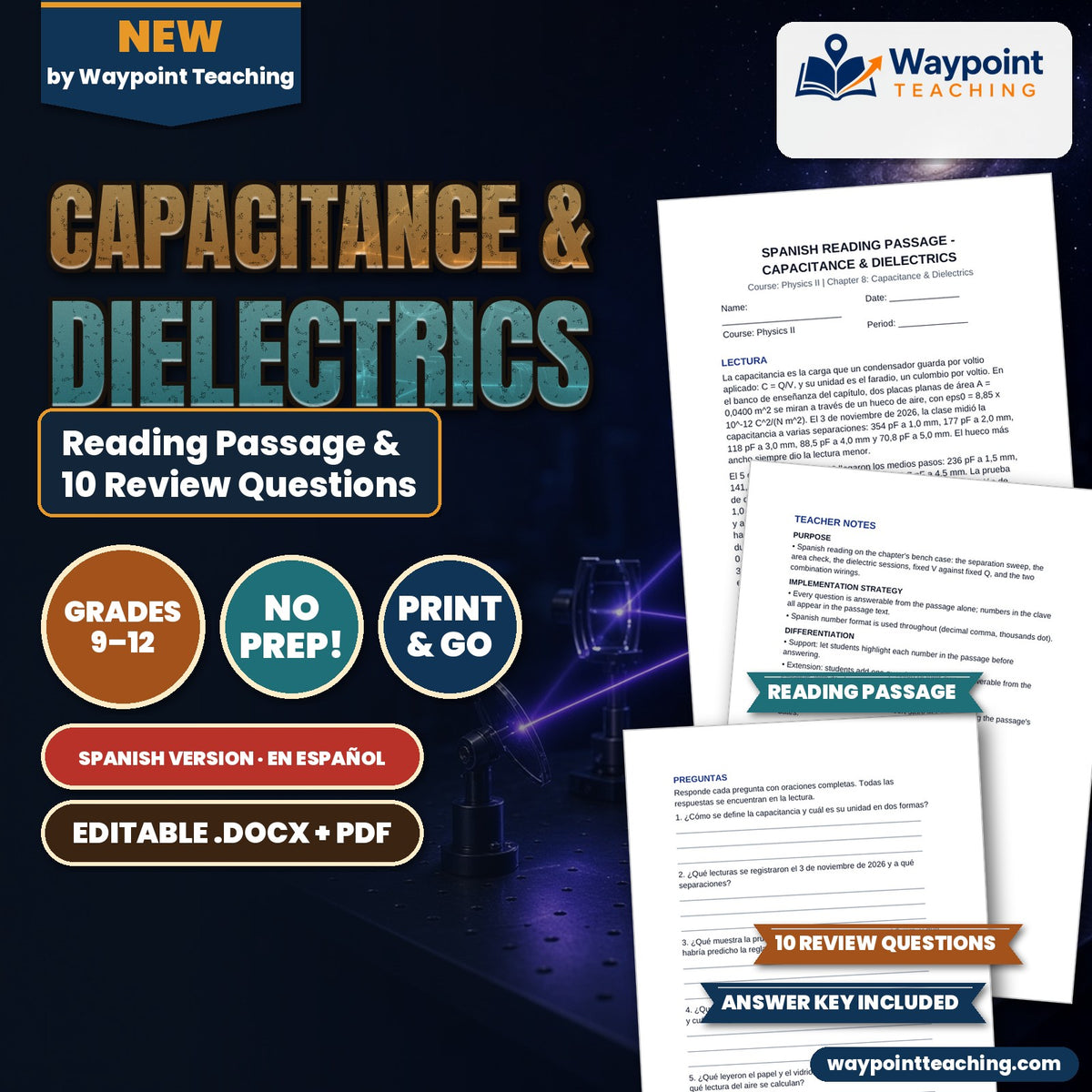 Capacitance & Dielectrics Spanish Reading Passage & Comprehension Questions cover