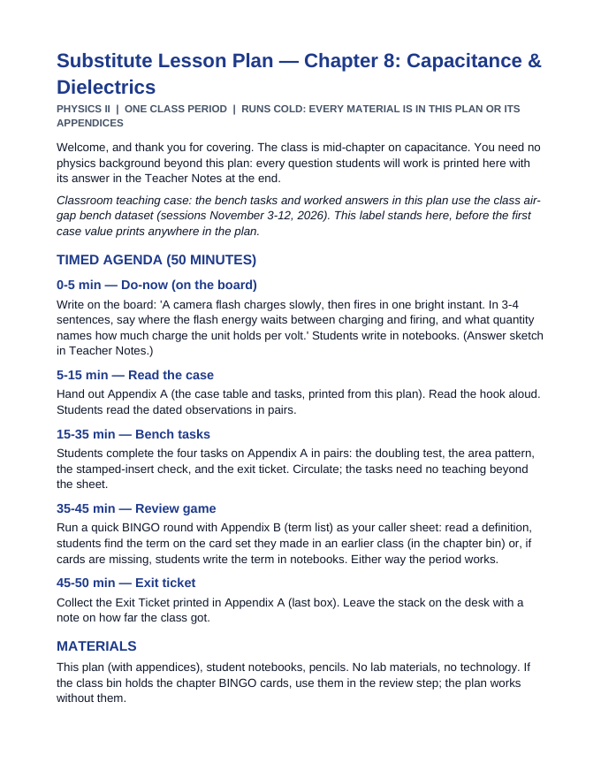 Capacitance & Dielectrics Substitute Lesson Plan sample page