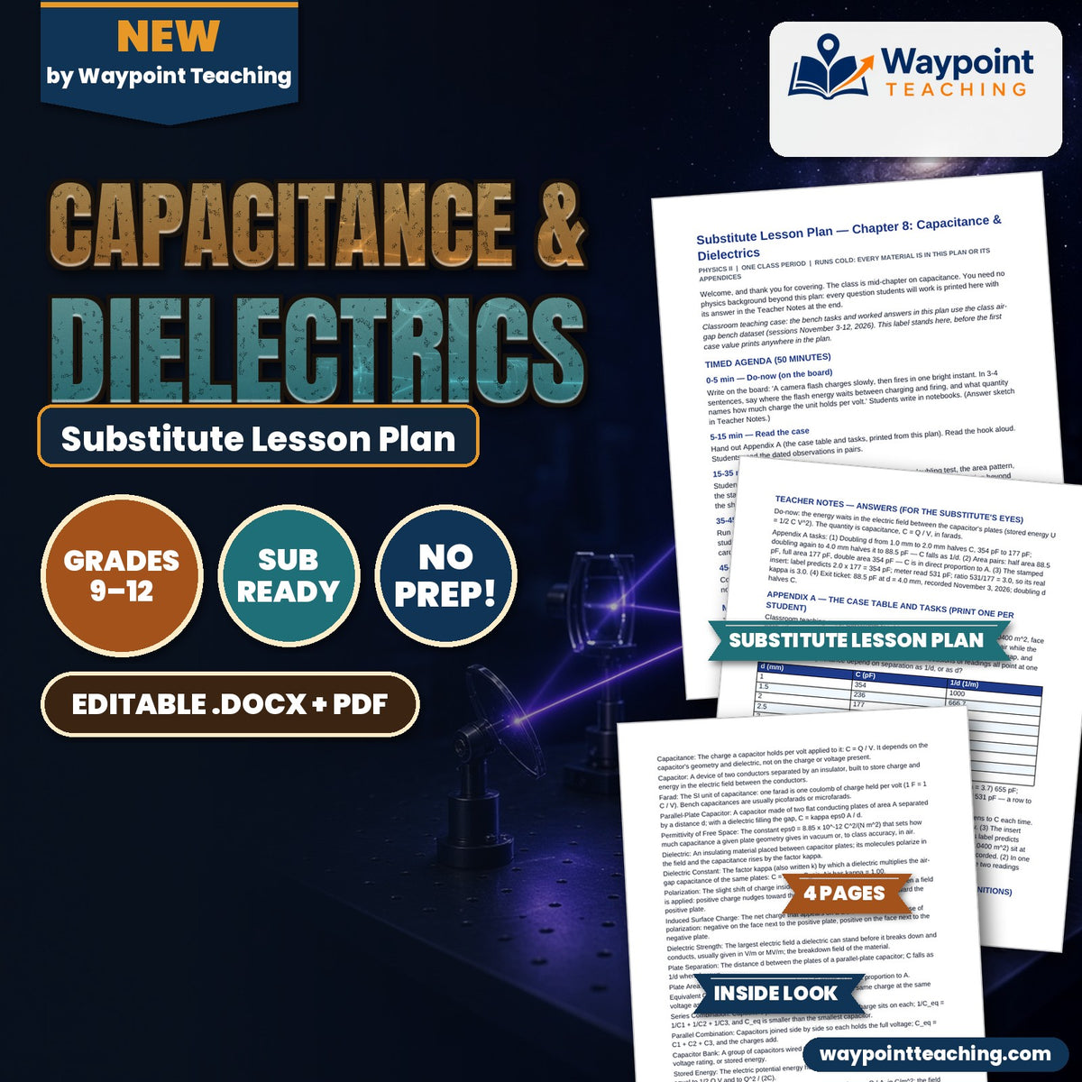 Capacitance & Dielectrics Substitute Lesson Plan cover