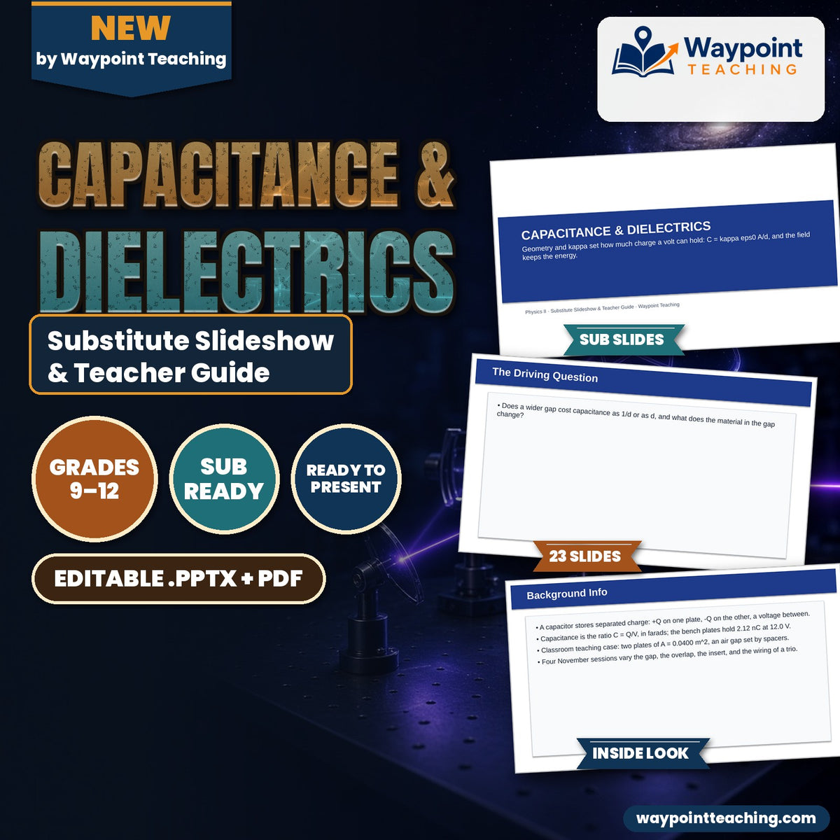 Capacitance & Dielectrics Substitute Slideshow & Teacher Guide cover