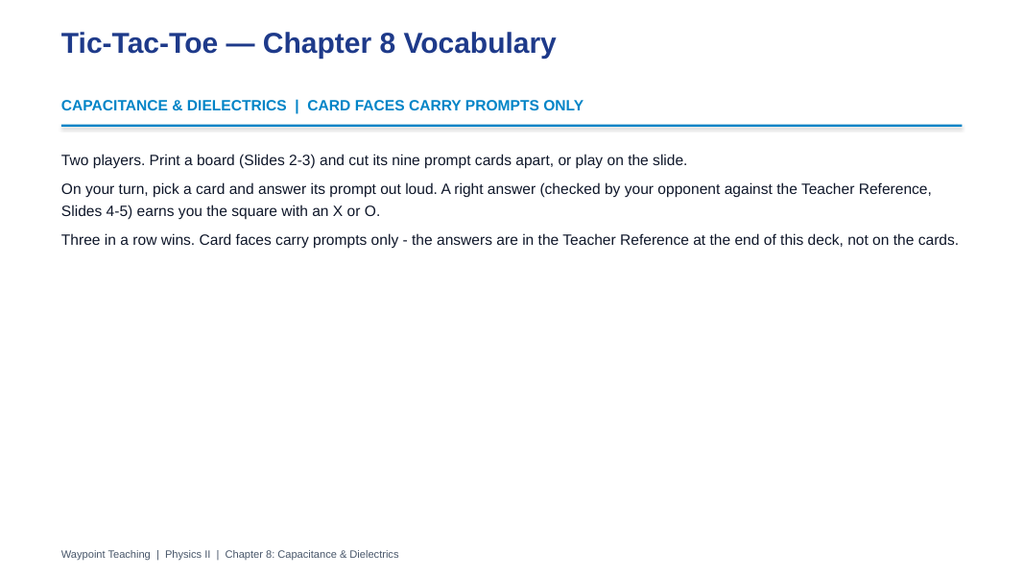 Capacitance & Dielectrics Tic-Tac-Toe Review Game sample page