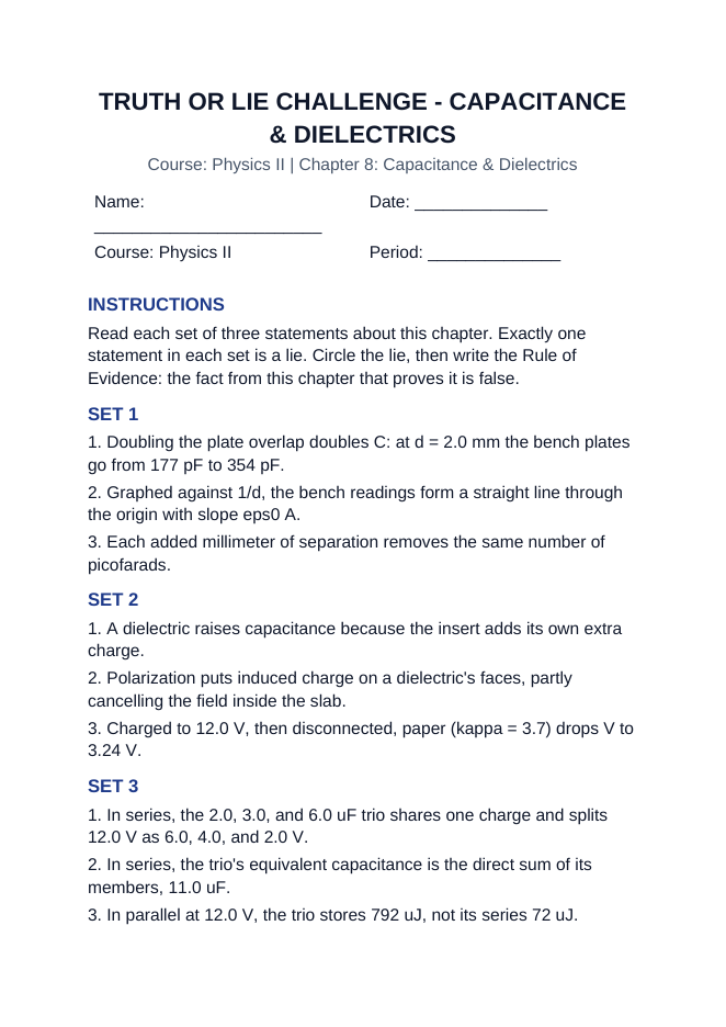 Capacitance & Dielectrics Truth or Lie Challenge sample page