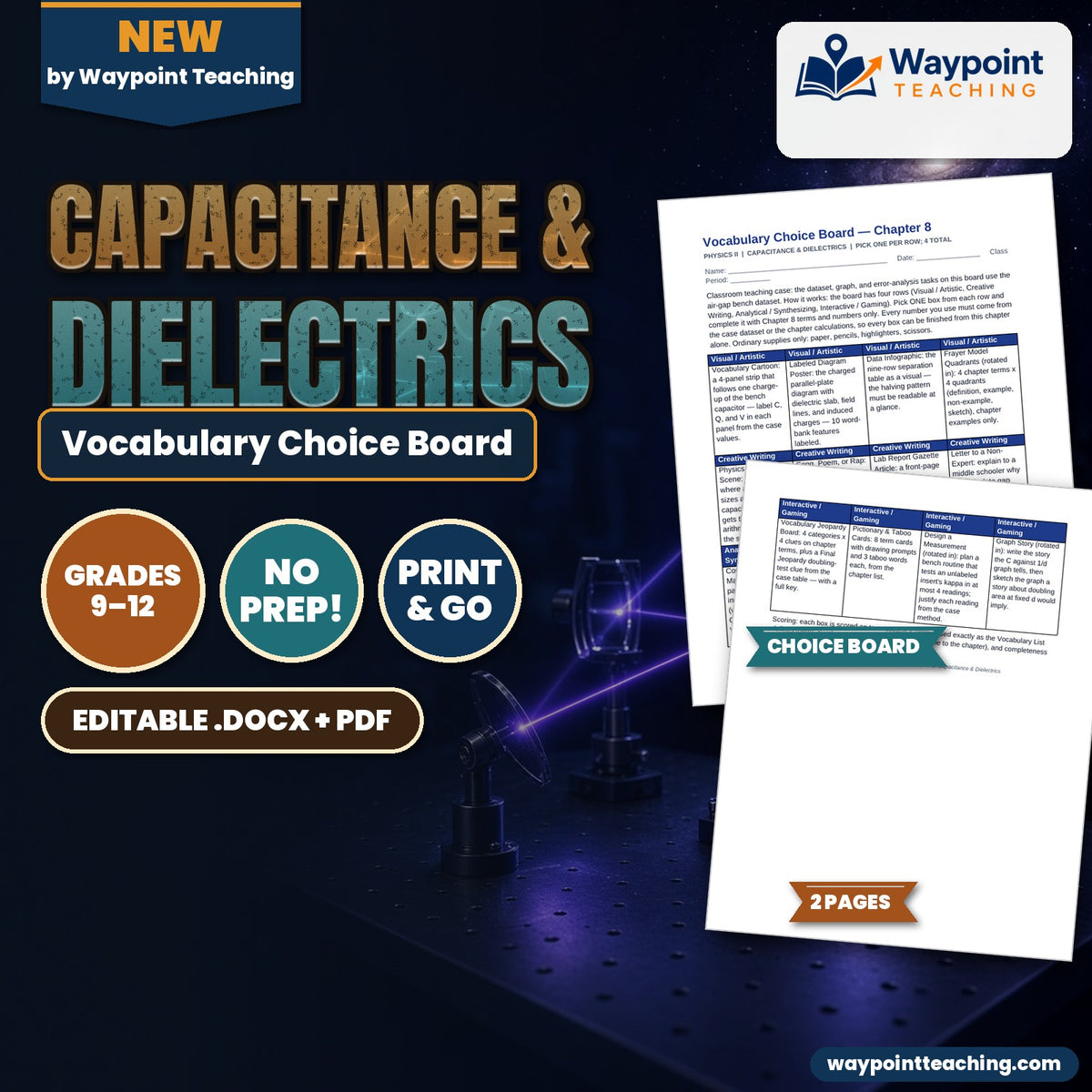 Capacitance & Dielectrics Vocabulary Choice Board cover