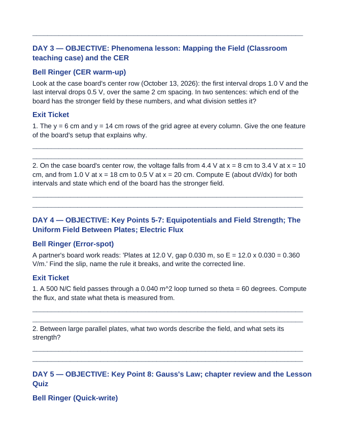 Electric Fields & Flux Bell Ringers & Exit Tickets sample page