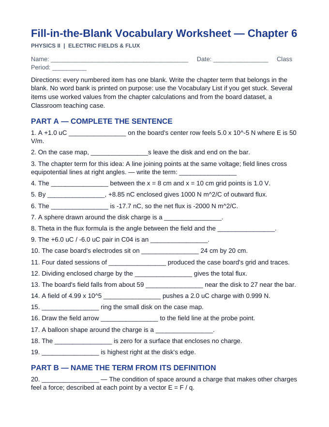 Electric Fields & Flux Fill-in-the-Blank Vocabulary Worksheet sample page