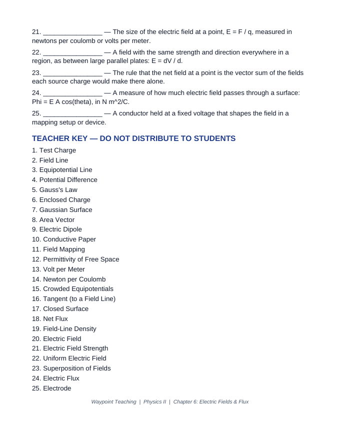 Electric Fields & Flux Fill-in-the-Blank Vocabulary Worksheet sample page