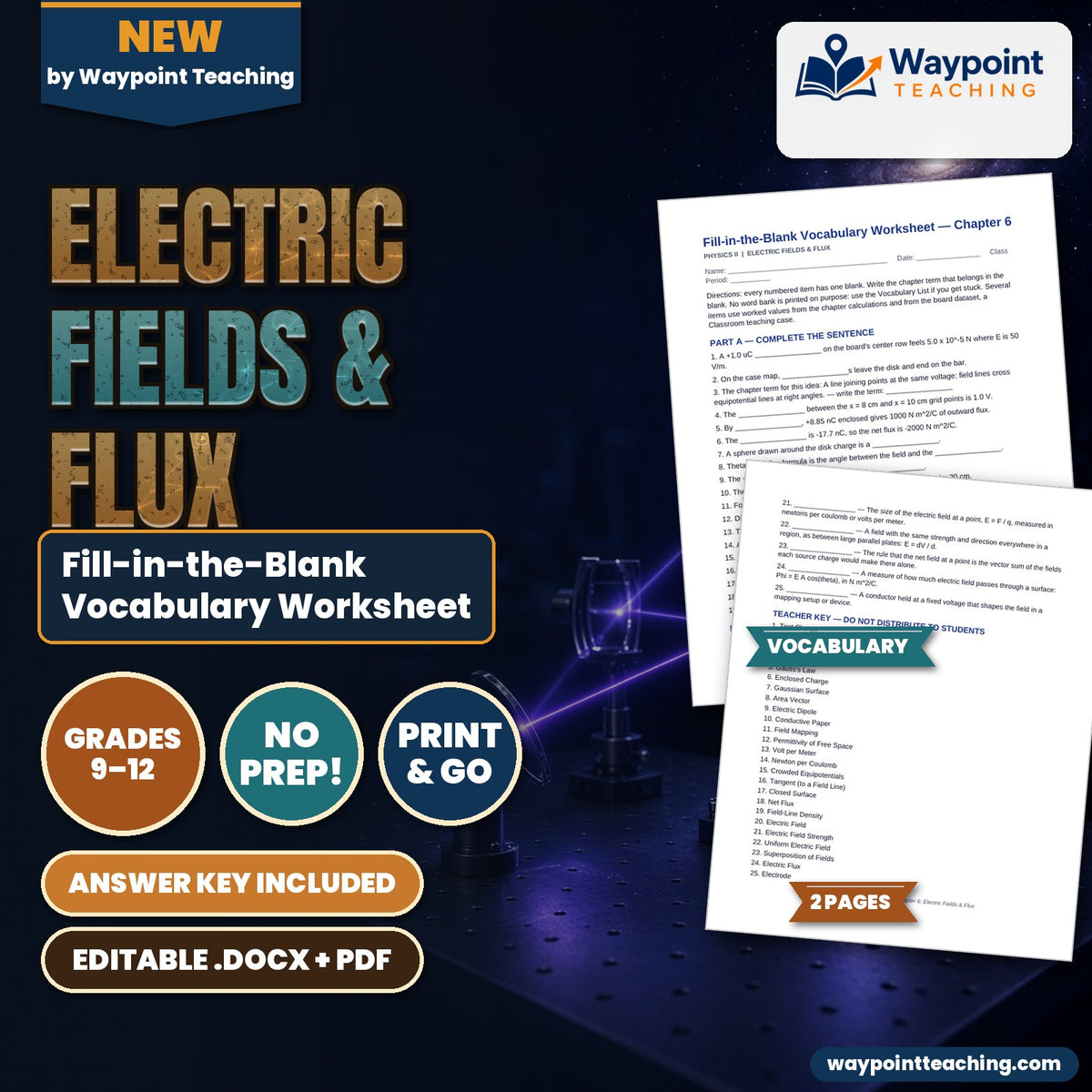 Electric Fields & Flux Fill-in-the-Blank Vocabulary Worksheet cover