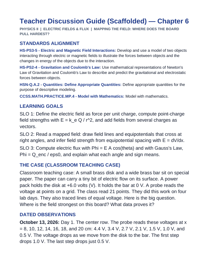 Electric Fields & Flux Scaffolded Phenomena-Based Lesson: Mapping the Field: Where Does the Board Pull Hardest? Teacher Discussion Guide sample page