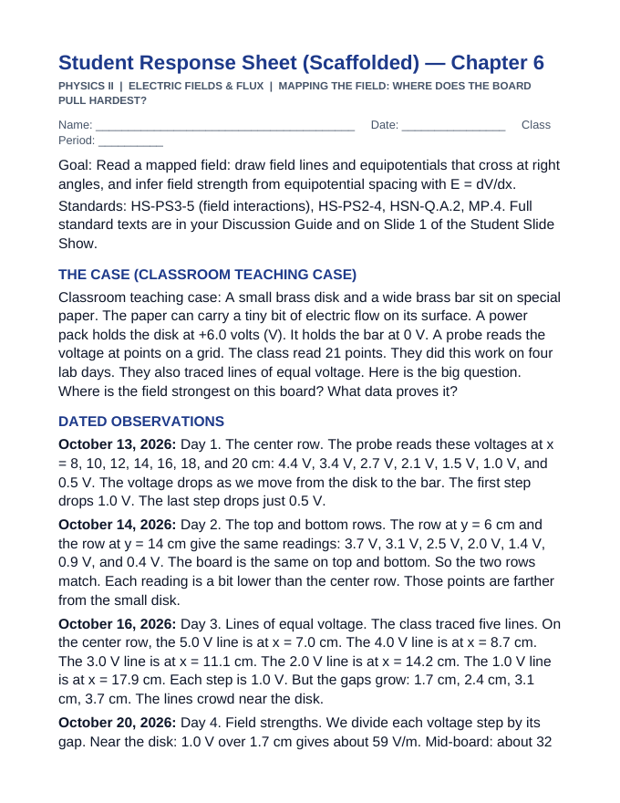 Electric Fields & Flux Scaffolded Phenomena-Based Lesson: Mapping the Field: Where Does the Board Pull Hardest? Student Response Sheet sample page