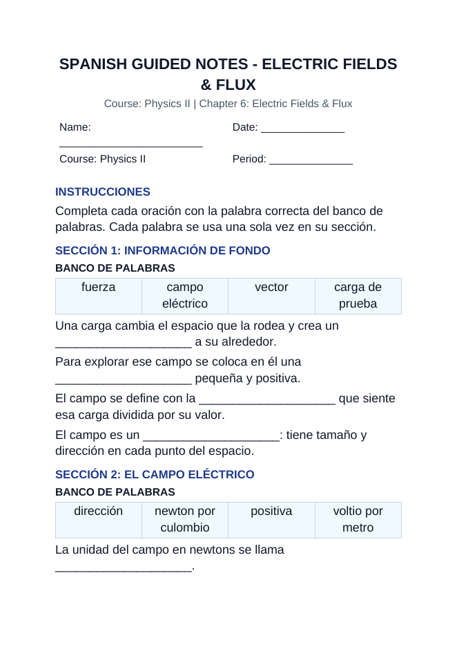 Electric Fields & Flux Spanish Guided Notes sample page