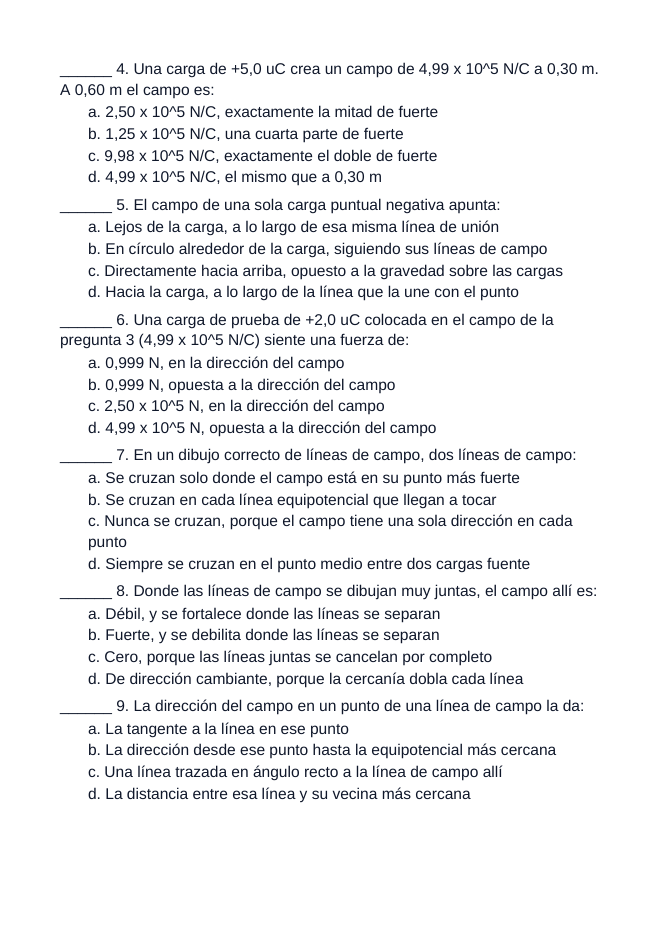 Electric Fields & Flux Spanish Unit Test sample page