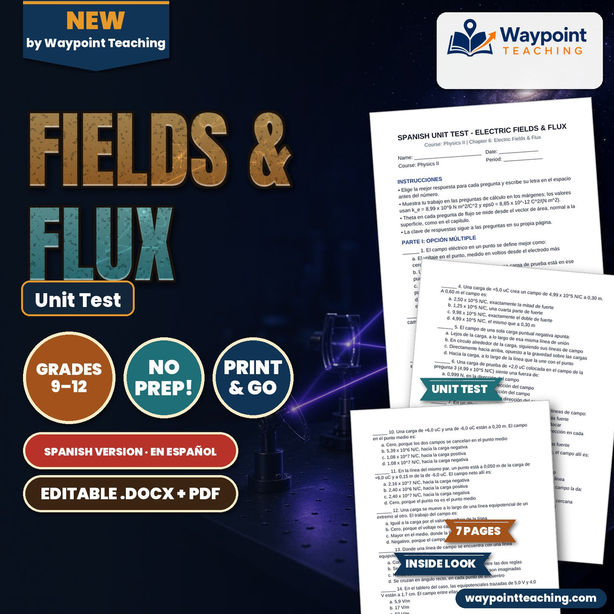 Electric Fields & Flux Spanish Unit Test cover