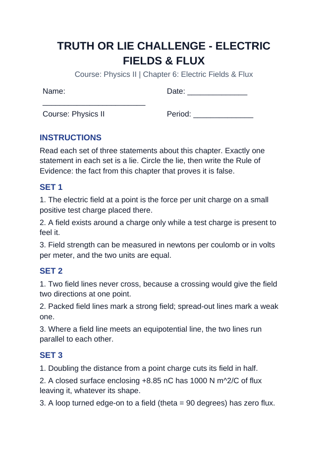 Electric Fields & Flux Truth or Lie Challenge sample page