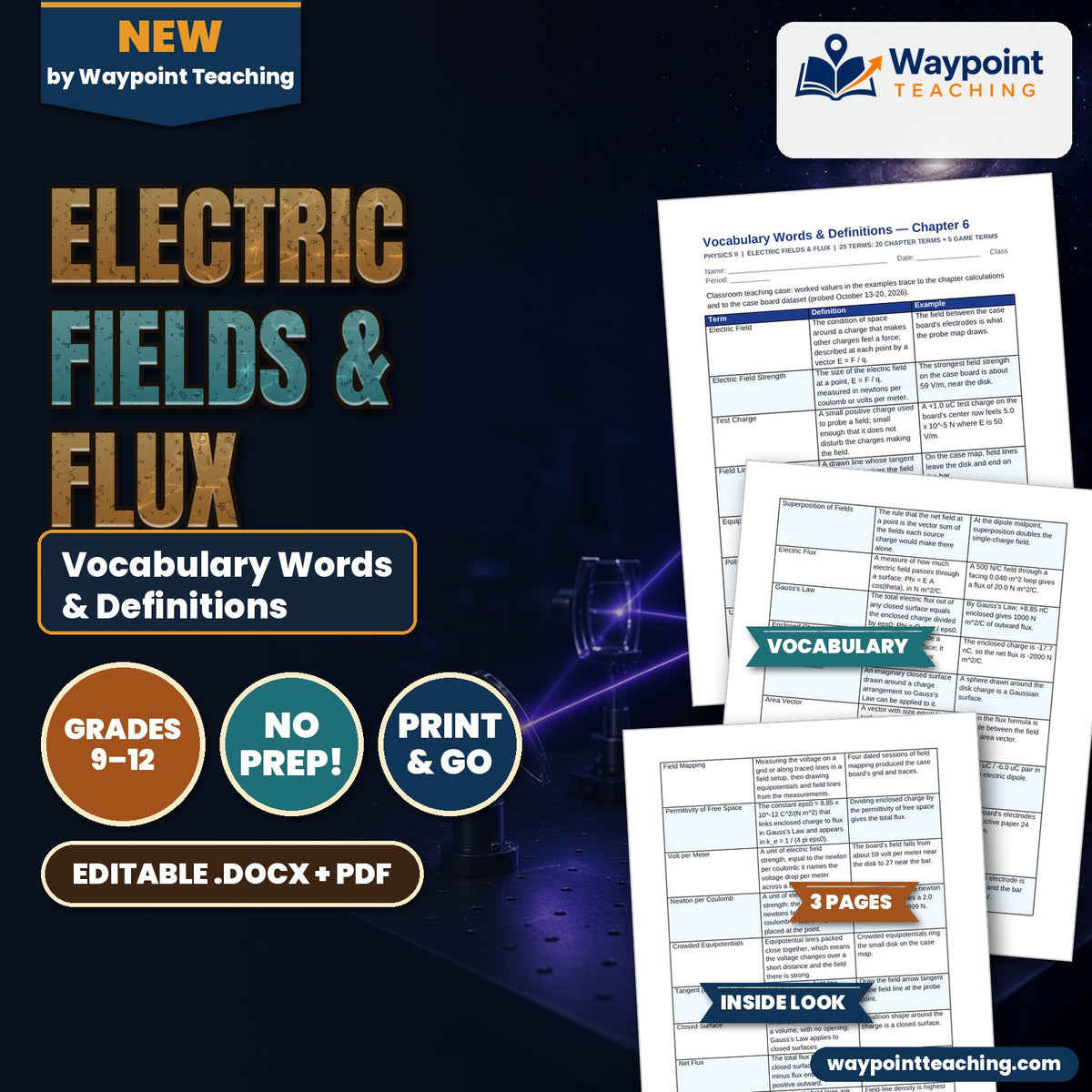Electric Fields & Flux Vocabulary Words & Definitions cover