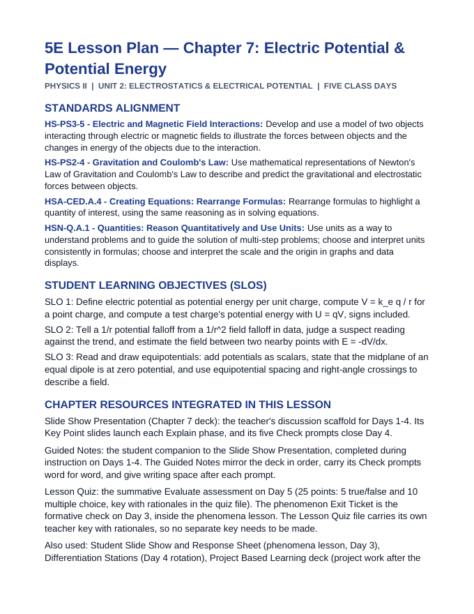 Electric Potential 5E Lesson Plan sample page