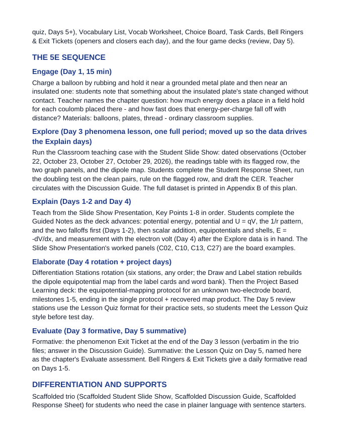 Electric Potential 5E Lesson Plan sample page