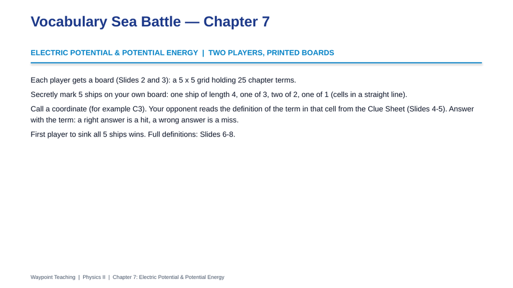 Electric Potential Sea Battle Review Game sample page