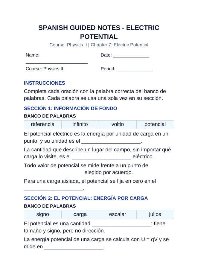 Electric Potential Spanish Guided Notes sample page