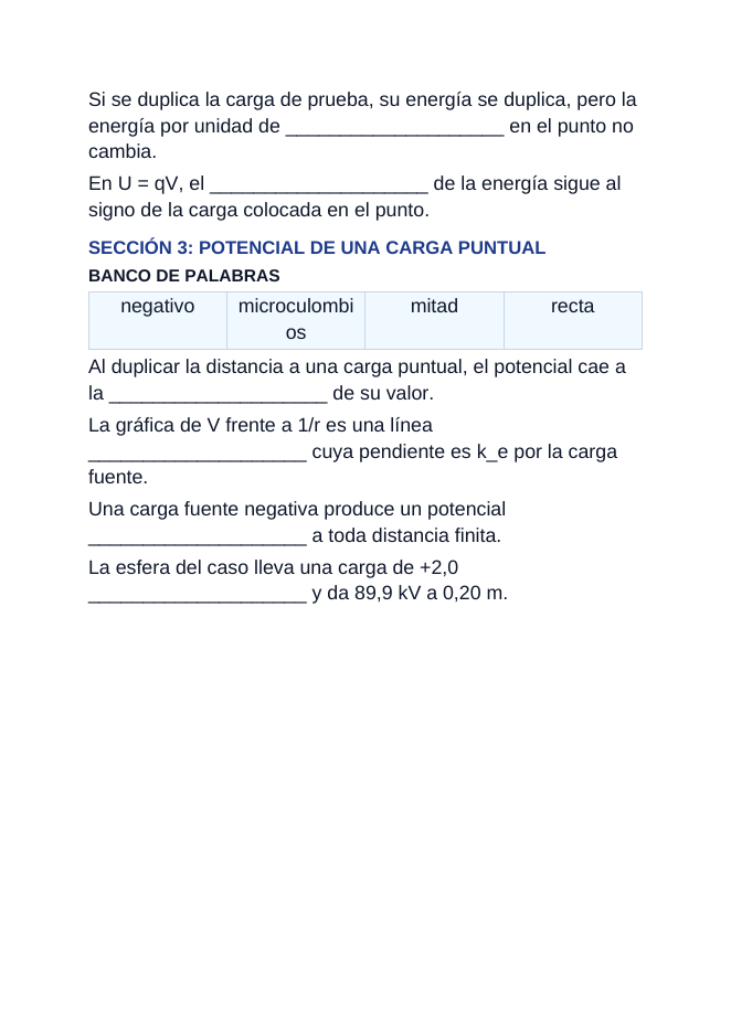 Electric Potential Spanish Guided Notes sample page