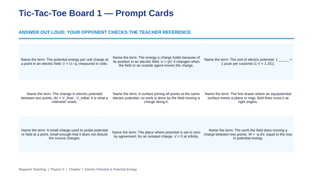 Electric Potential Tic-Tac-Toe Review Game sample page